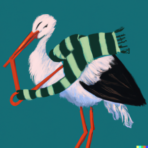 An illustration of a stork knitting a scarf